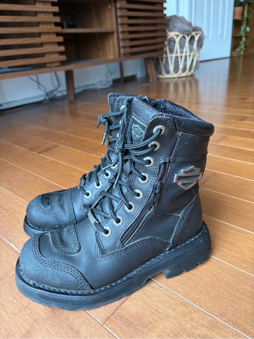 Harley-Davidson Black Leather Lace-Up Tactical Motorcycle Boots